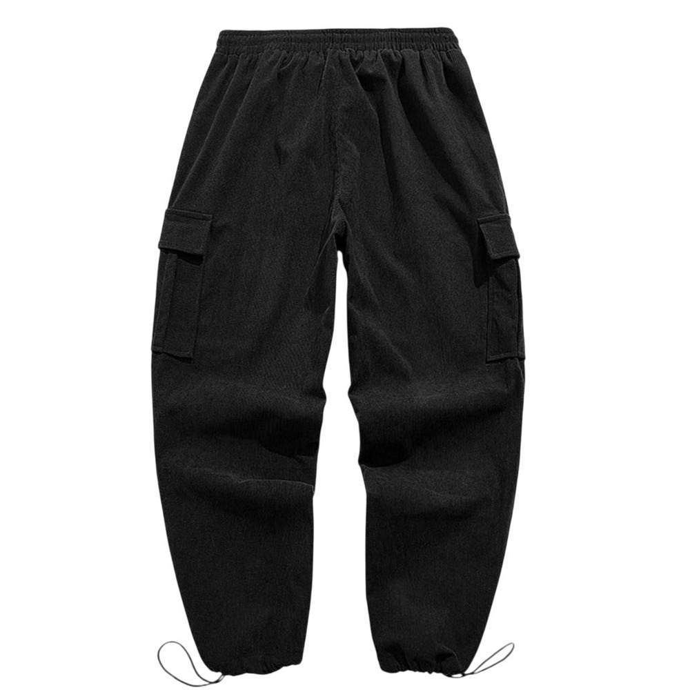 Corduroy Cargo Pants Drawstring Waist Relaxed Fit Casual Black - Picture 2 of 10